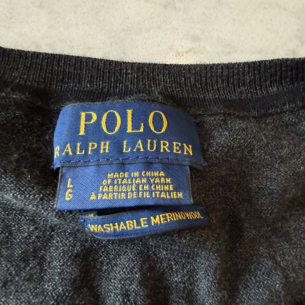 POLO Ralph Lauren Washable Merino Wool V-neck Sweater Large Gray Graphite